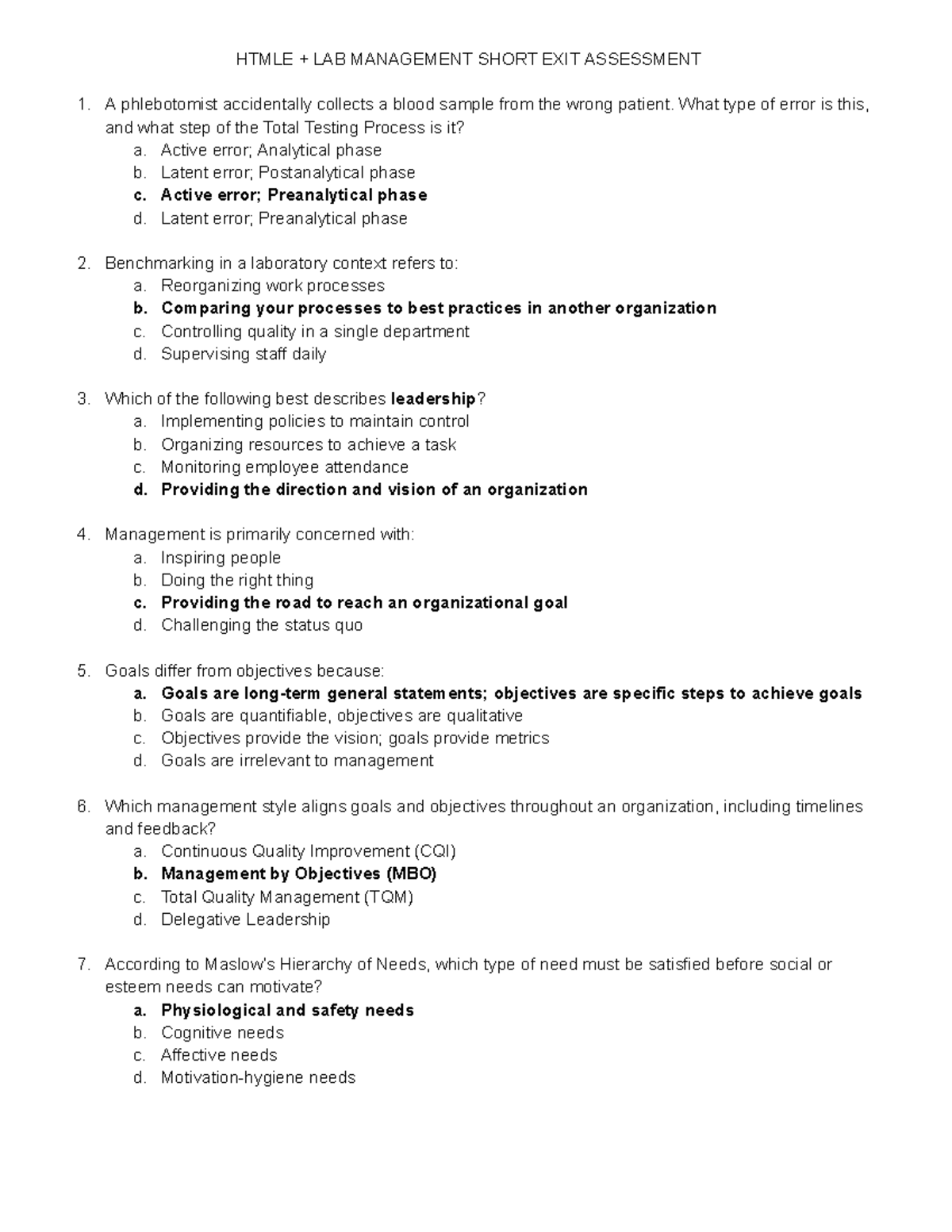 HTMLE LAB MANAGEMENT SHORT EXIT ASSESSMENT - Studocu