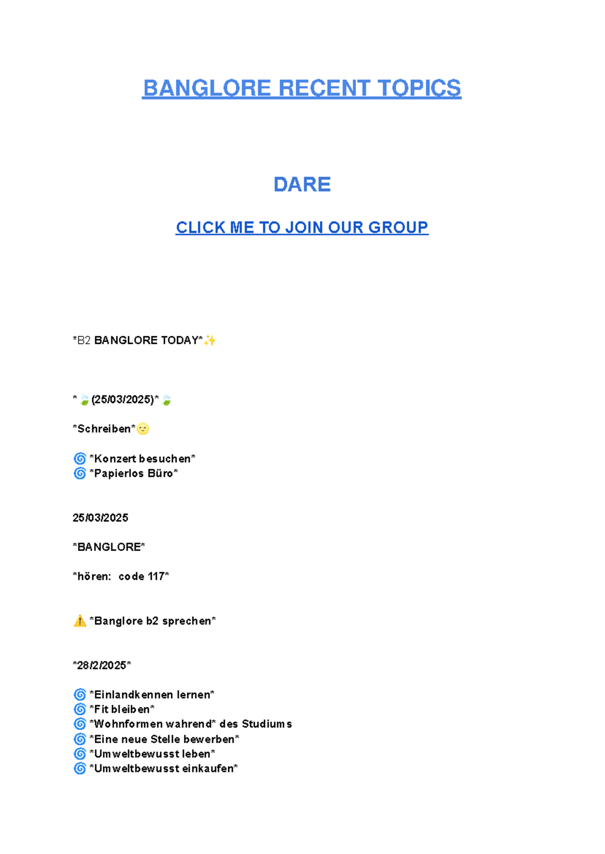 Bangalore B2 Recent Topics & Codes - DARE Notes Collection - Studocu