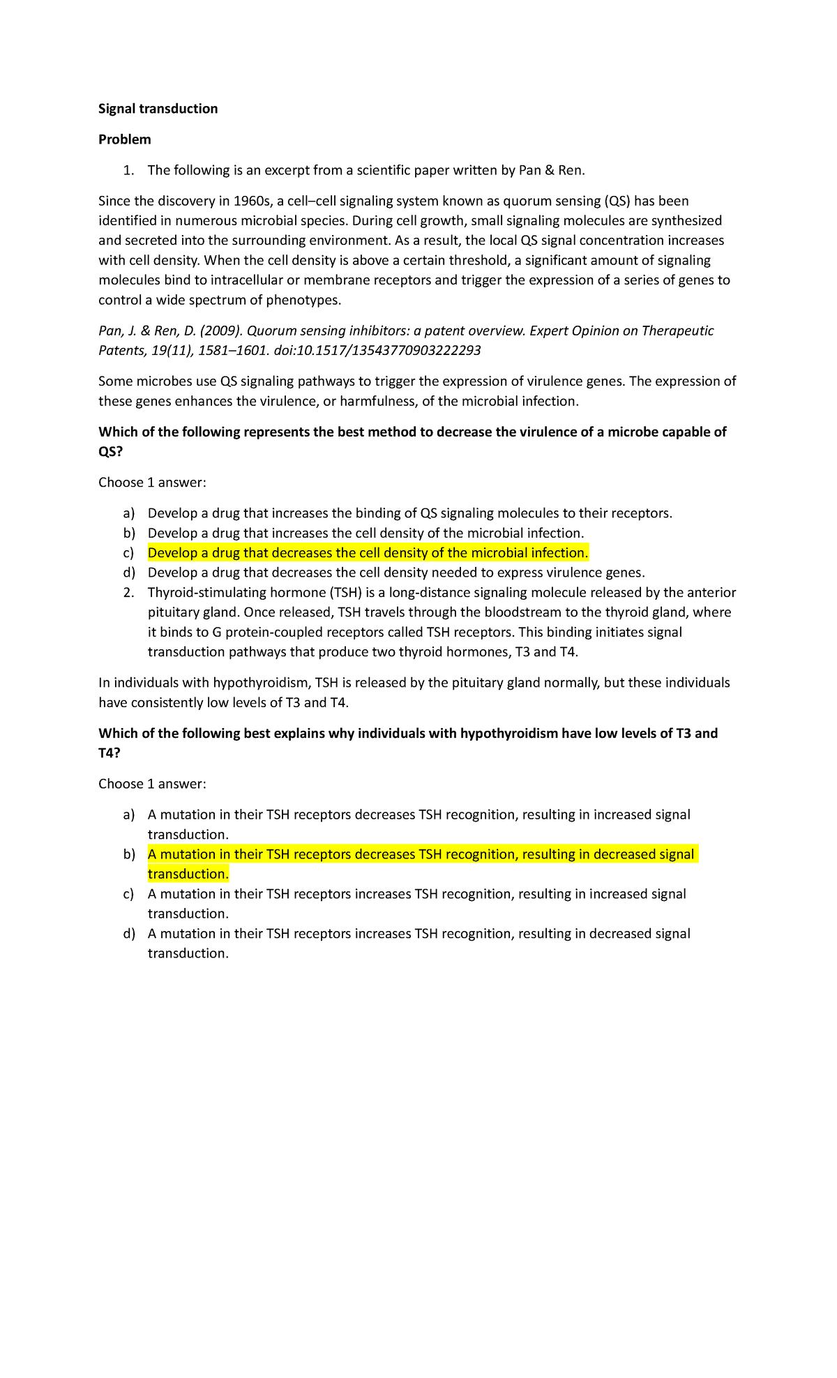 Signal Transduction Study - Practice Quiz Insights and Questions - Studocu