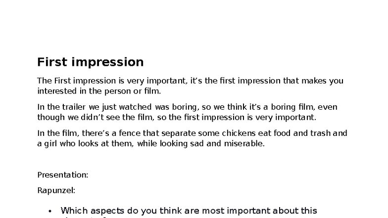 First Impression Analysis: Key Themes in Film Characters - Studocu