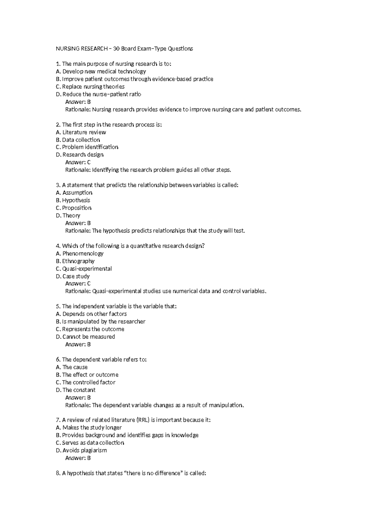NURSING RESEARCH 30 Practice Exam Questions and Answers - Studocu