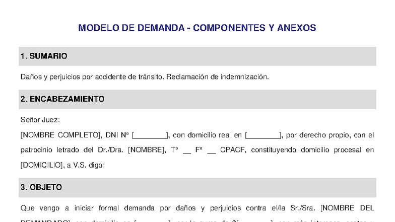 Modelo de demanda por daños y perjuicios en accidente de tránsito - Studocu