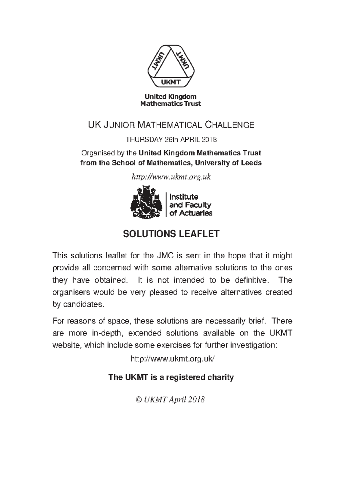 JMC 2018 Solutions - UK Junior Mathematical Challenge Answers - Studocu
