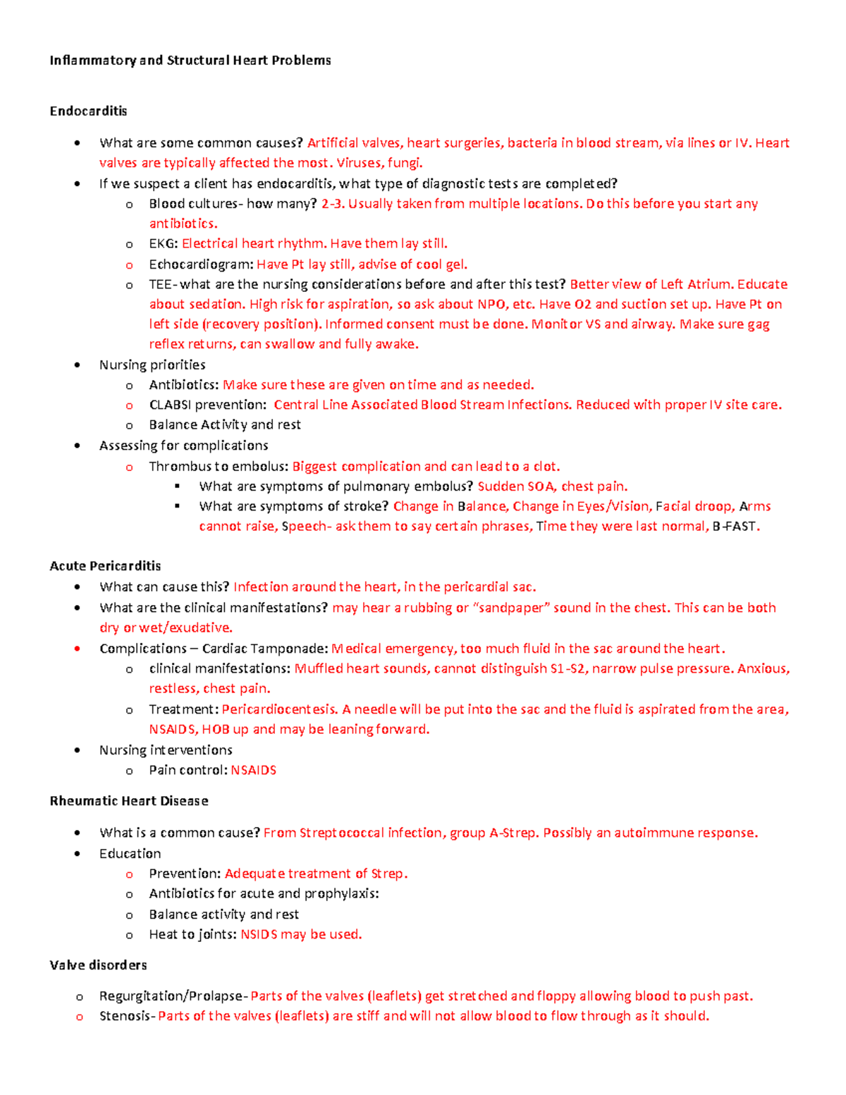 Inflammatory & Structural Heart Problems Notes - Nursing Key Points ...