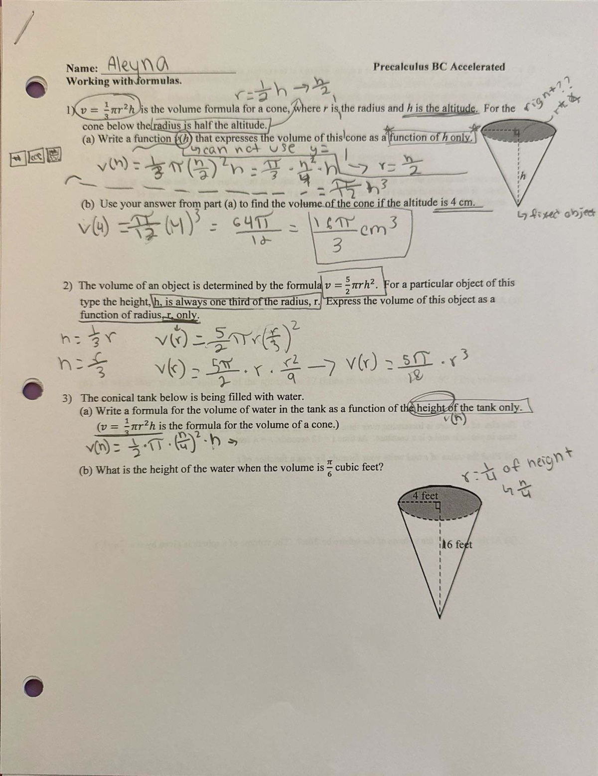 Precalculus BC (Accelerated) Volume Formulas and Functions - Studocu