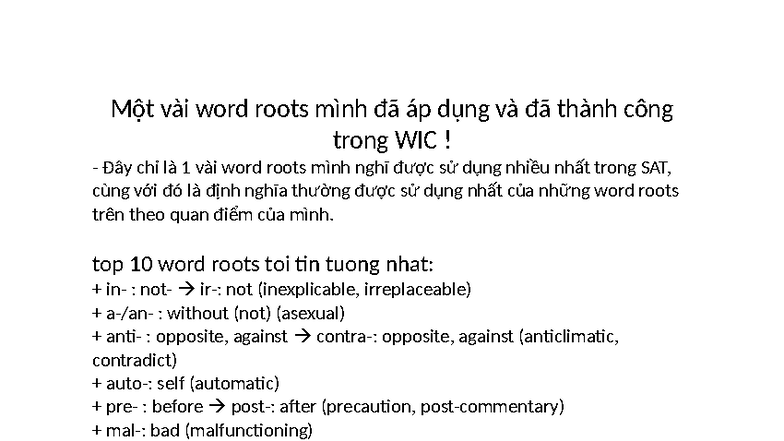 Wic1600 - word in context - Một vài word roots mình đã áp dụng và đã ...