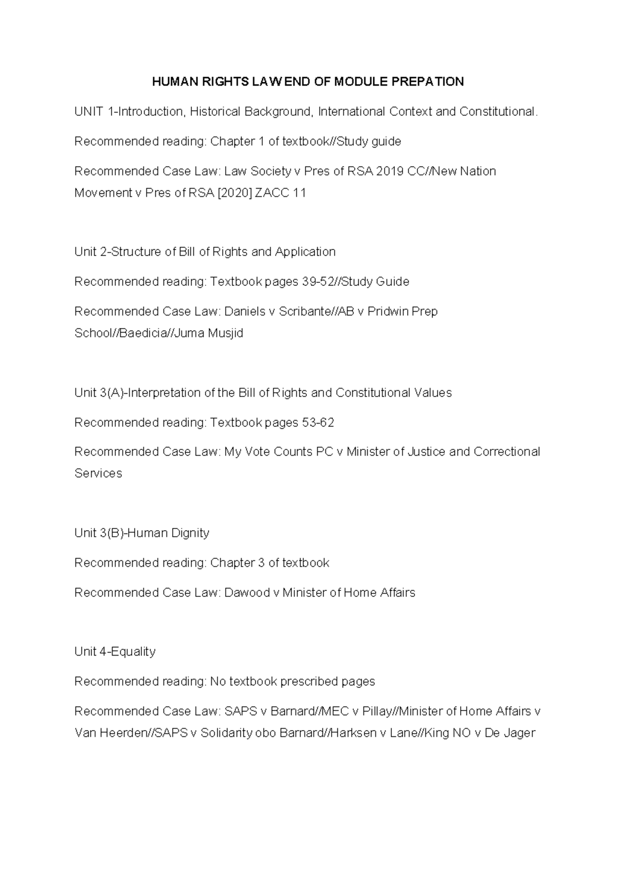 Human Rights LAW END OF MODULE Preparation Notes - Studocu
