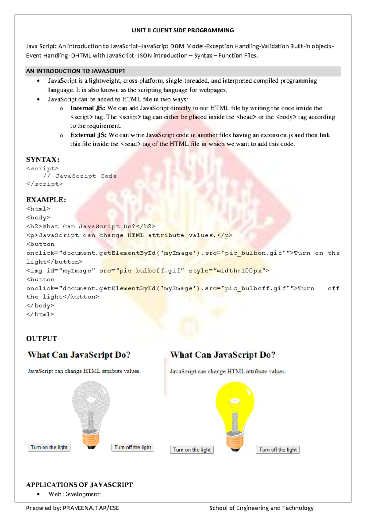 UNIT II: Client-Side Programming with JavaScript and JSON - Studocu