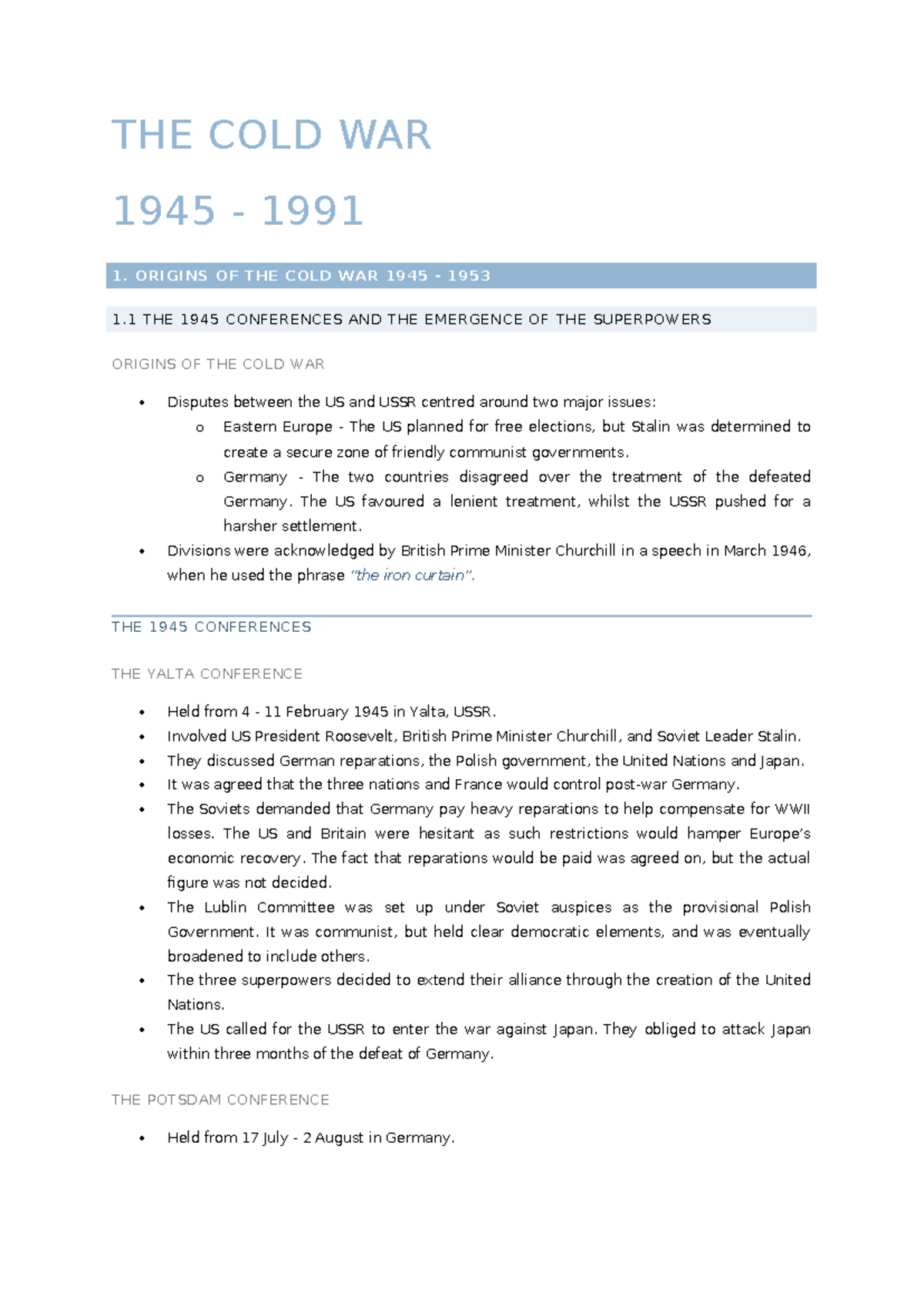 Cold-war - Cold war notes - THE COLD WAR 1945 - 1991 1. ORIGINS OF THE ...