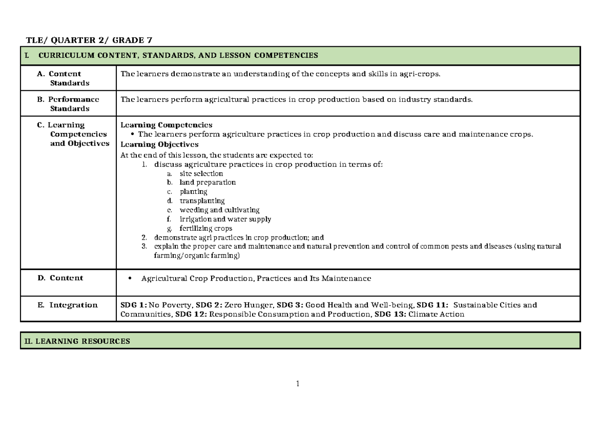 Q2 LE TLE 7 Week 3 - Agricultural Crop Production Lesson Plan - Studocu