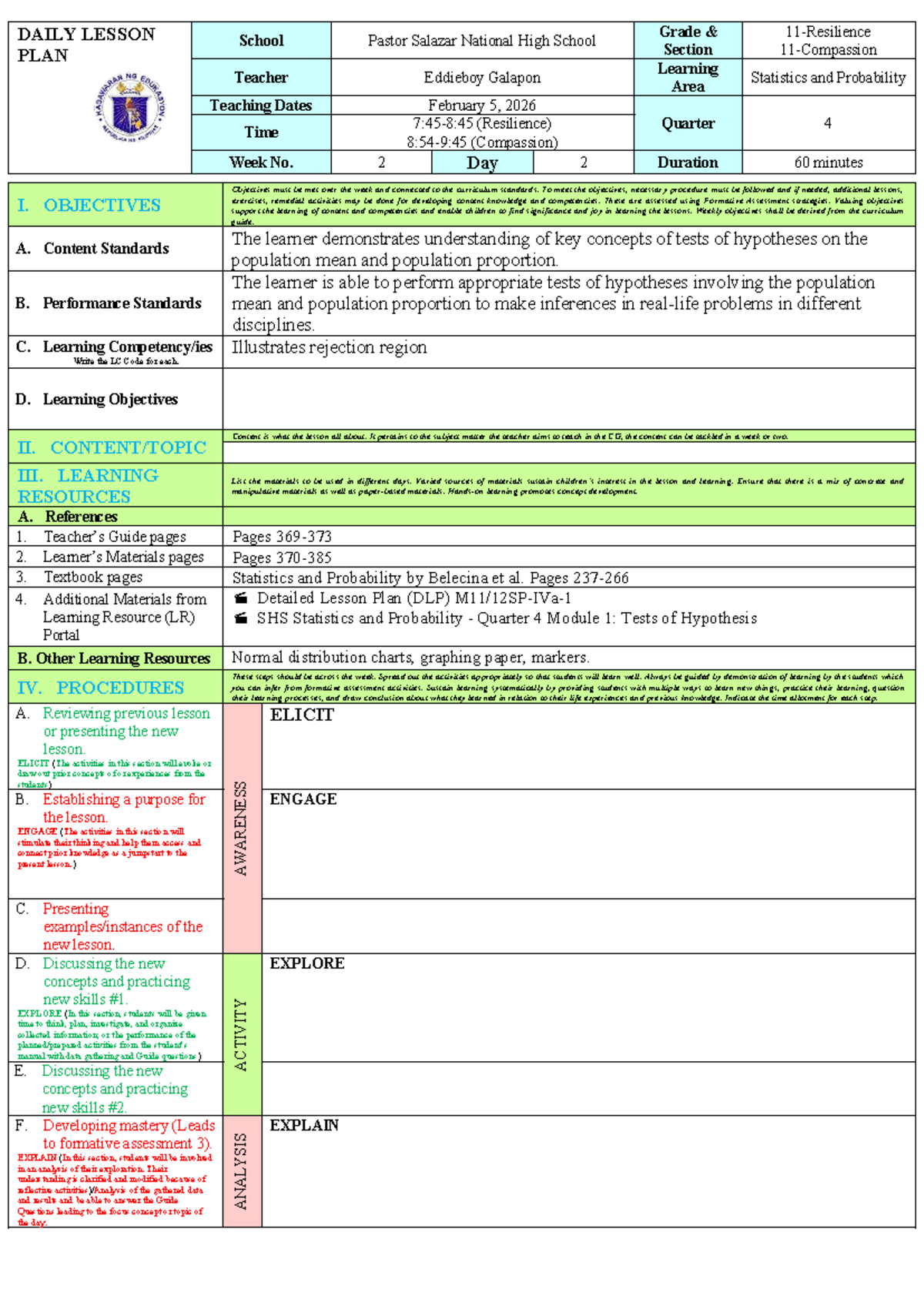 DAILY LESSON PLAN: Statistics & Probability (LP4) - Rejection Region ...