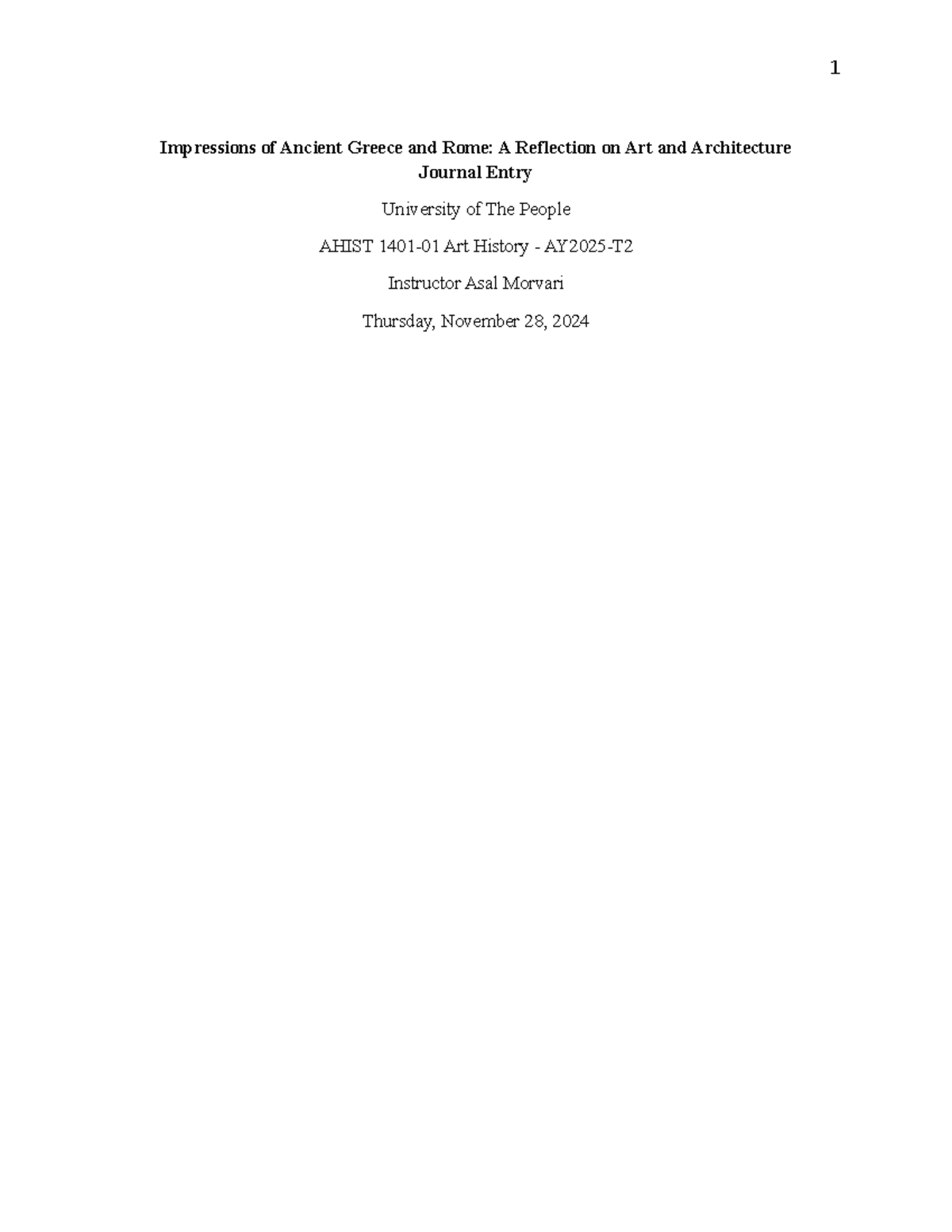 AHIST 1401 Unit 2 Learning Journal: Reflections on Greek & Roman Art ...