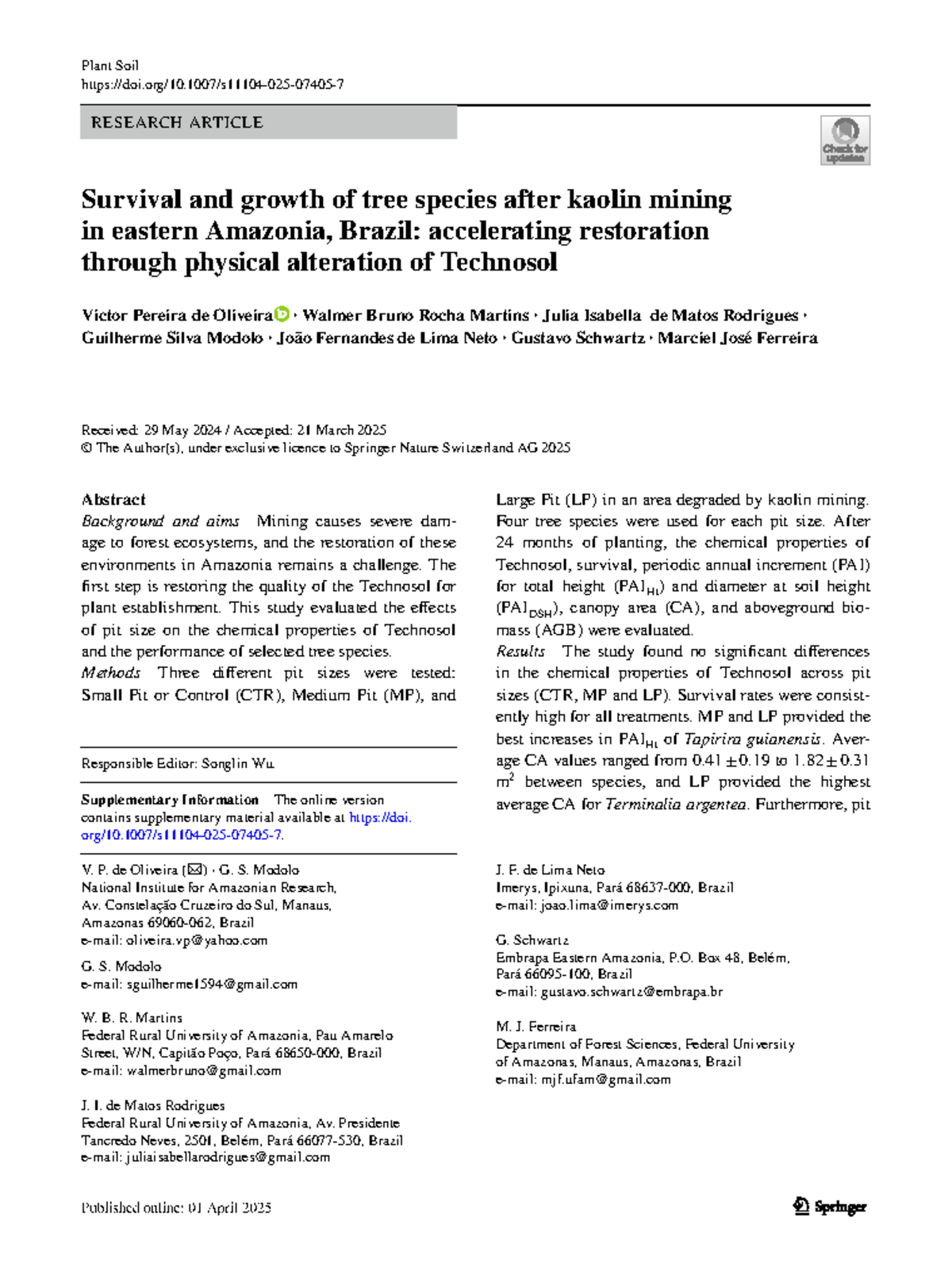 Survival and Growth of Tree Species Post-Kaolin Mining in Eastern ...