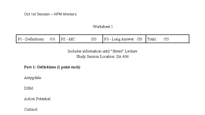 NEUR 1202 Final Exam Practice Worksheet 1: Definitions & MCQs - Studocu