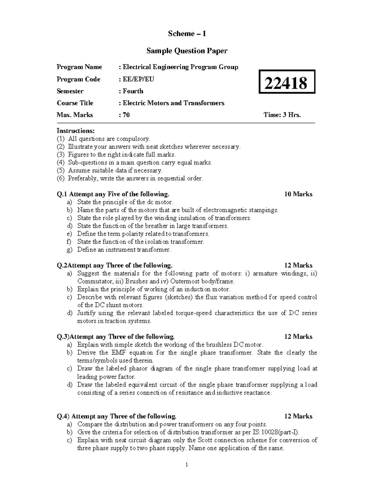 22418 - Sample Question Paper for Electric Motors & Transformers - Studocu