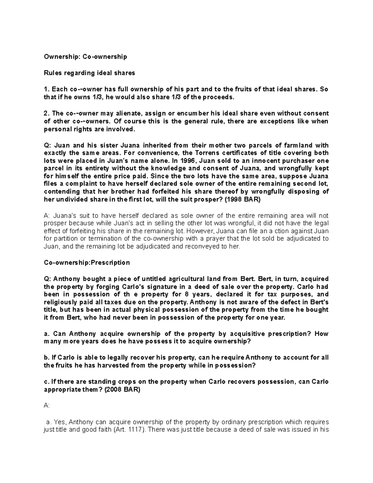 Co-Ownership Law: Key Cases and Rules (NATRES NOTES) - Studocu