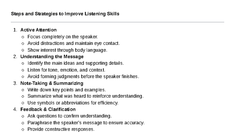 Listening Skills Improvement Strategies: Key Steps and Tips - Studocu