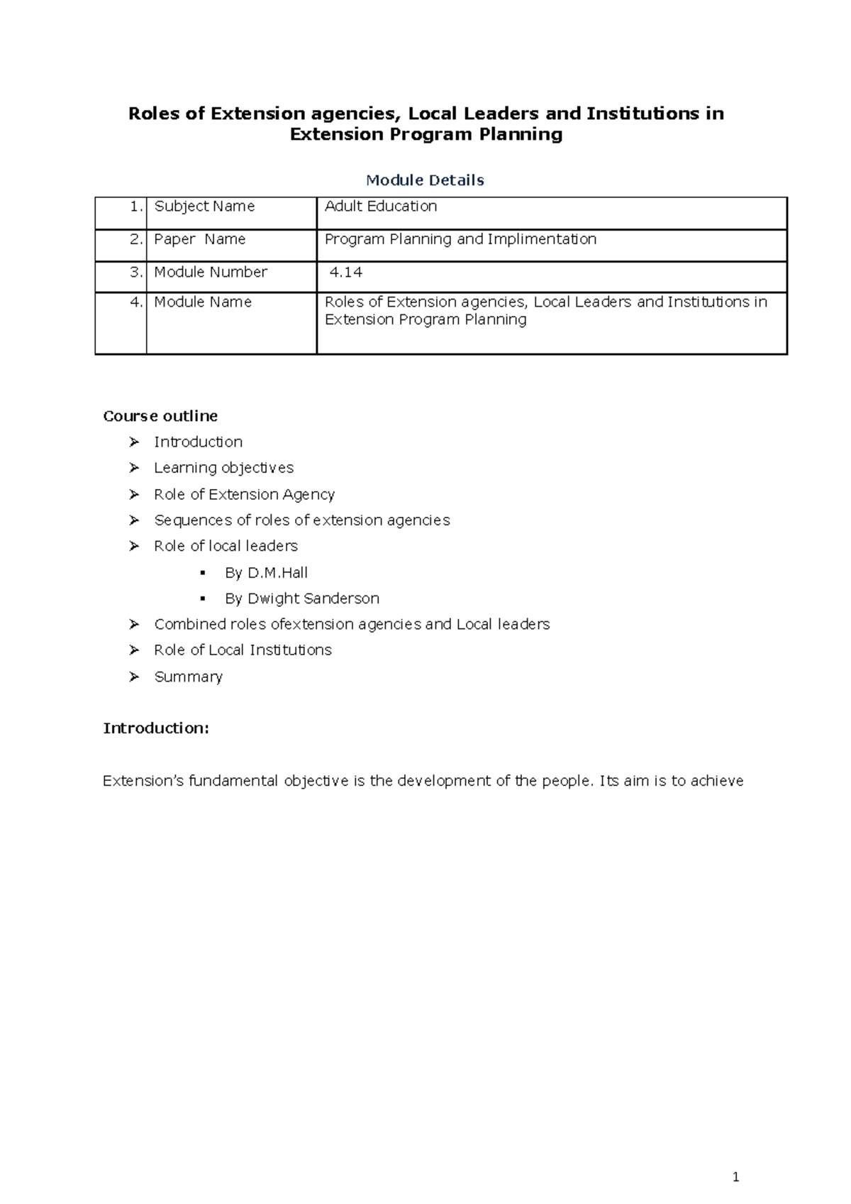 Roles of Extension Agencies and Local Leaders in Program Planning - Studocu