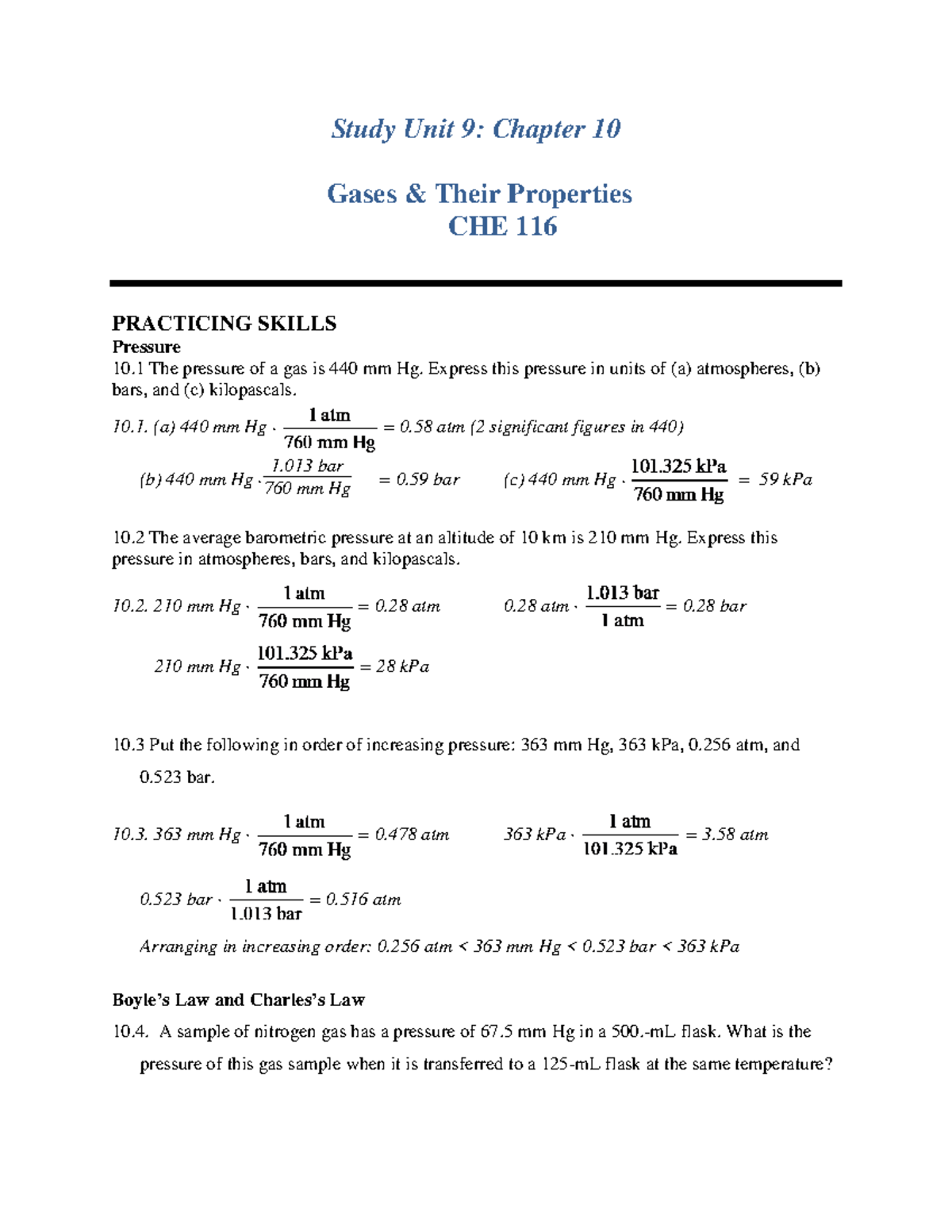 Practice Problems for Chapter 10: Gases and Their Properties CHE 116 ...