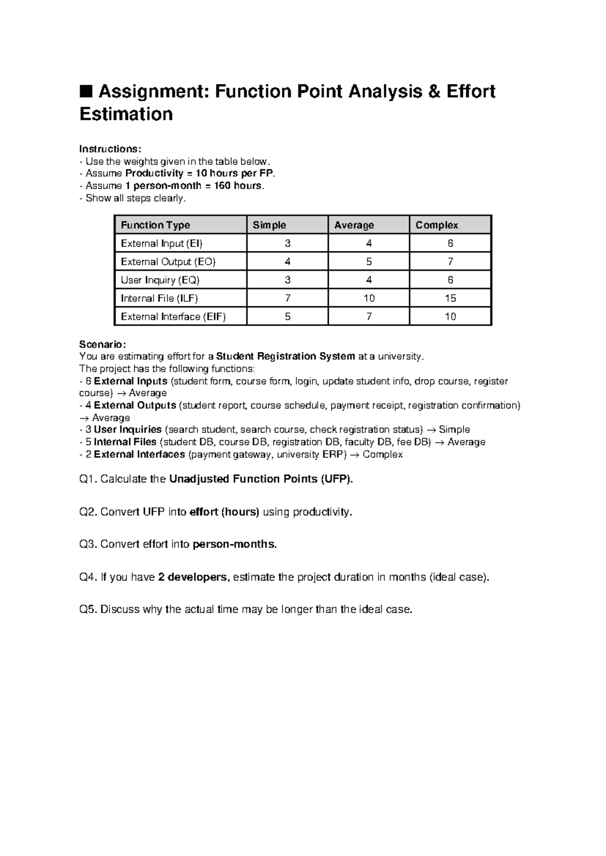 Function Points Assignment: Effort Estimation for Student Registration ...