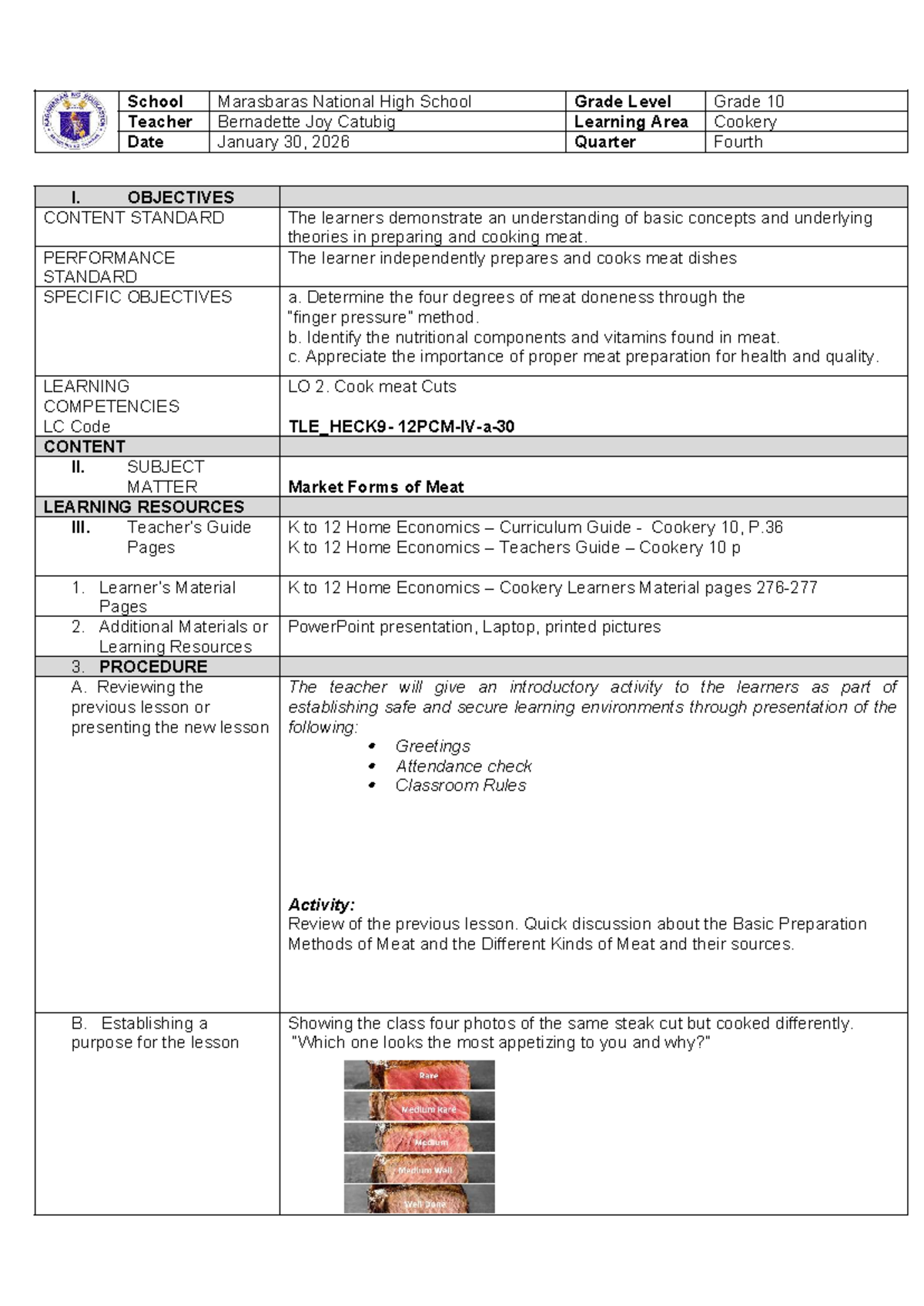 Grade 10 Cookery Lesson Plan: Meat Preparation & Cooking Techniques ...