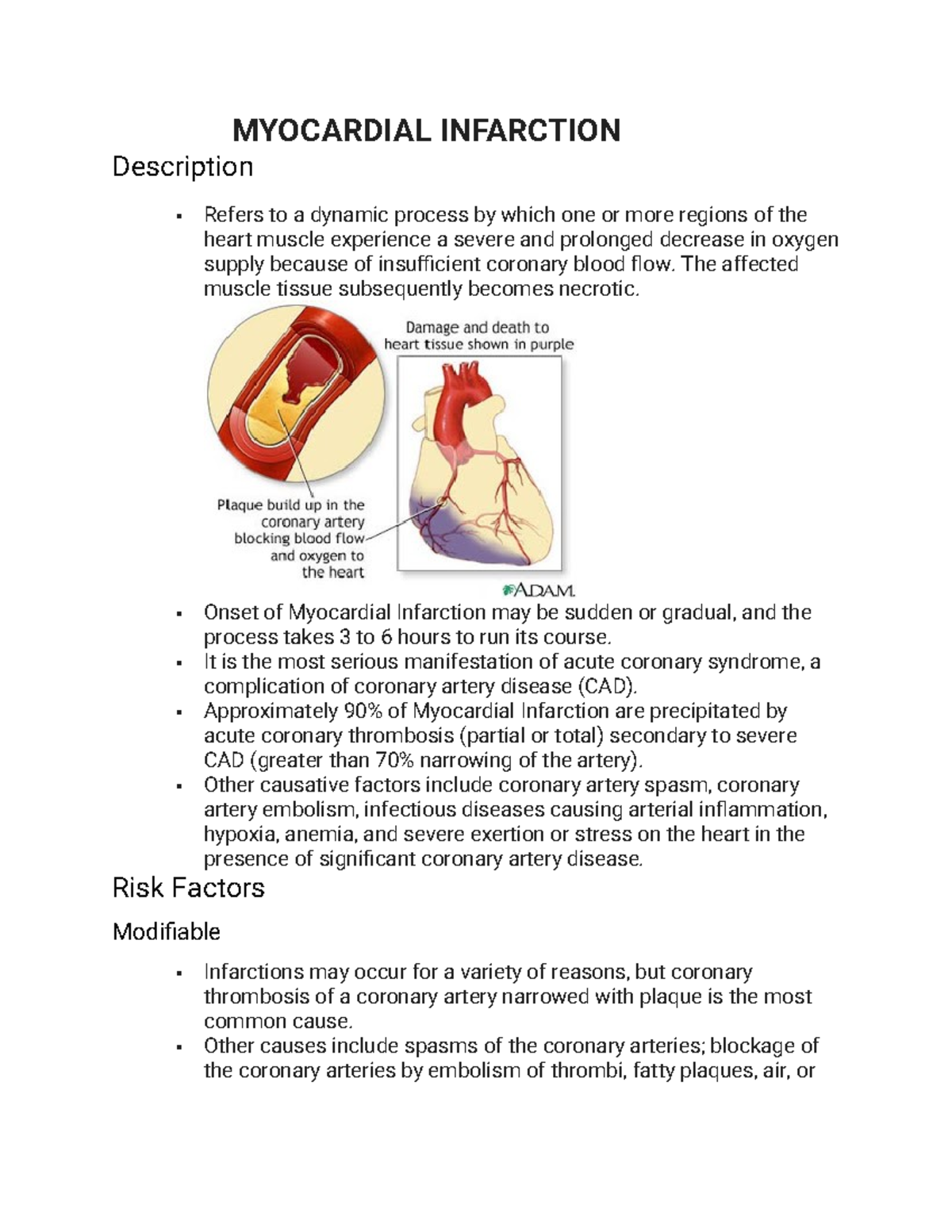 MYOCARDIAL INFARCTION: Causes, Risk Factors, and Management - Studocu