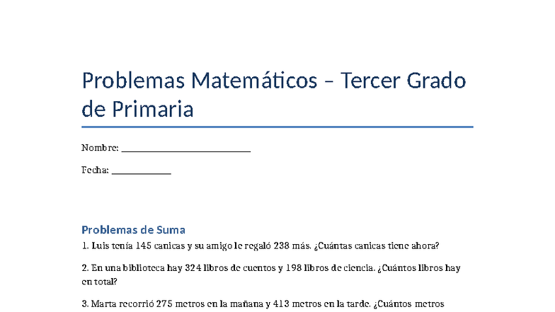 Problemas Matemáticos Tercer Grado - Ejercicios de Suma, Resta ...