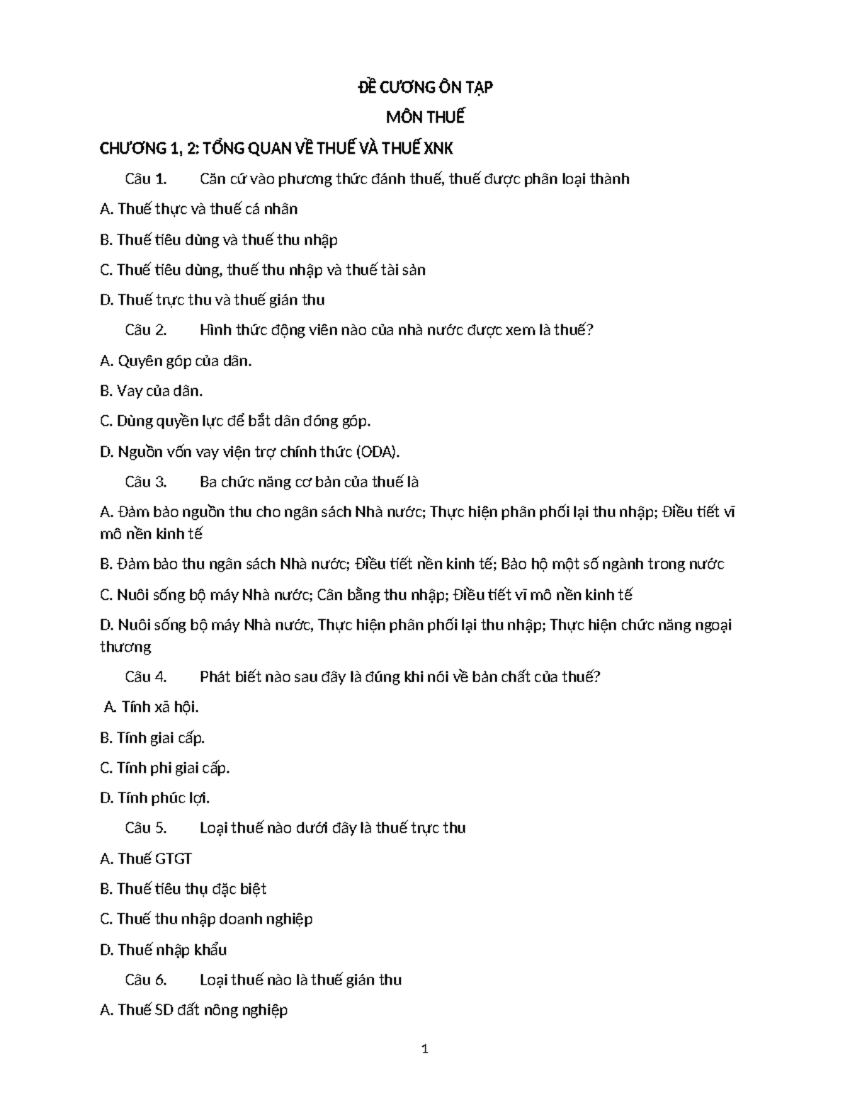 Đề cương ôn tập môn Thuế - Chương 1, 2: Tổng quan về Thuế và Thuế XNK - Document Preview