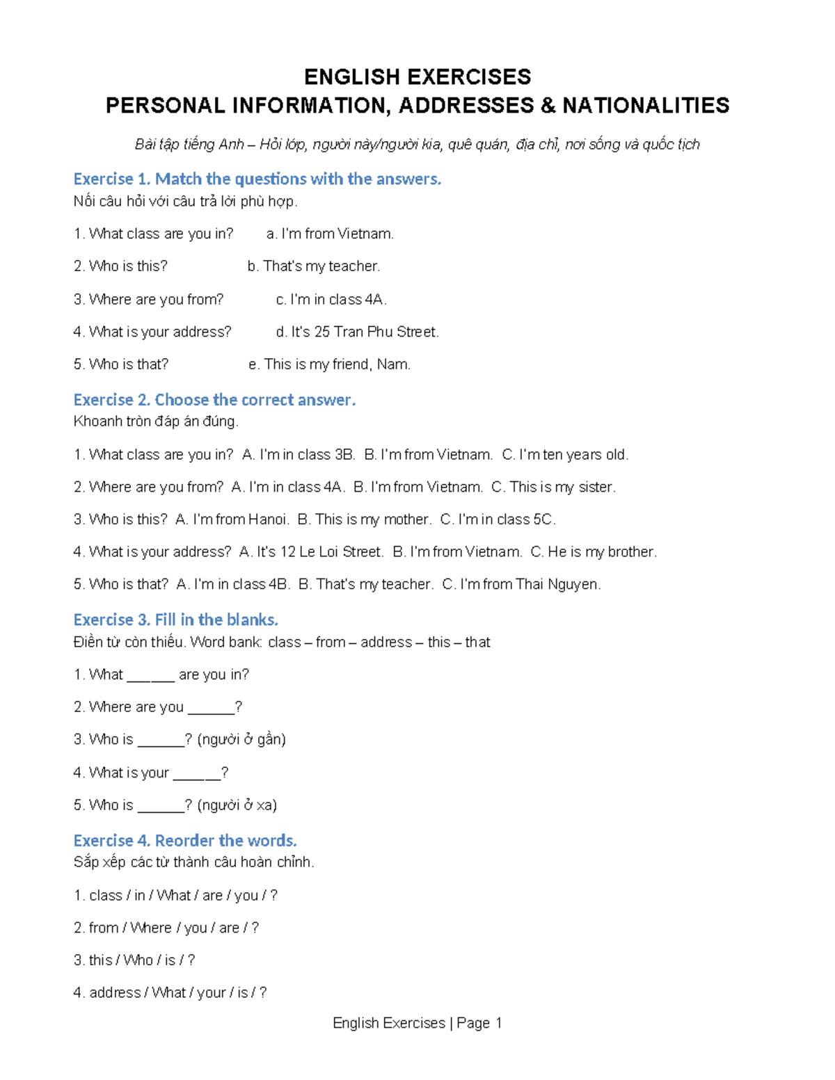 English Exercises: Personal Info, Addresses & Nationalities - Studocu