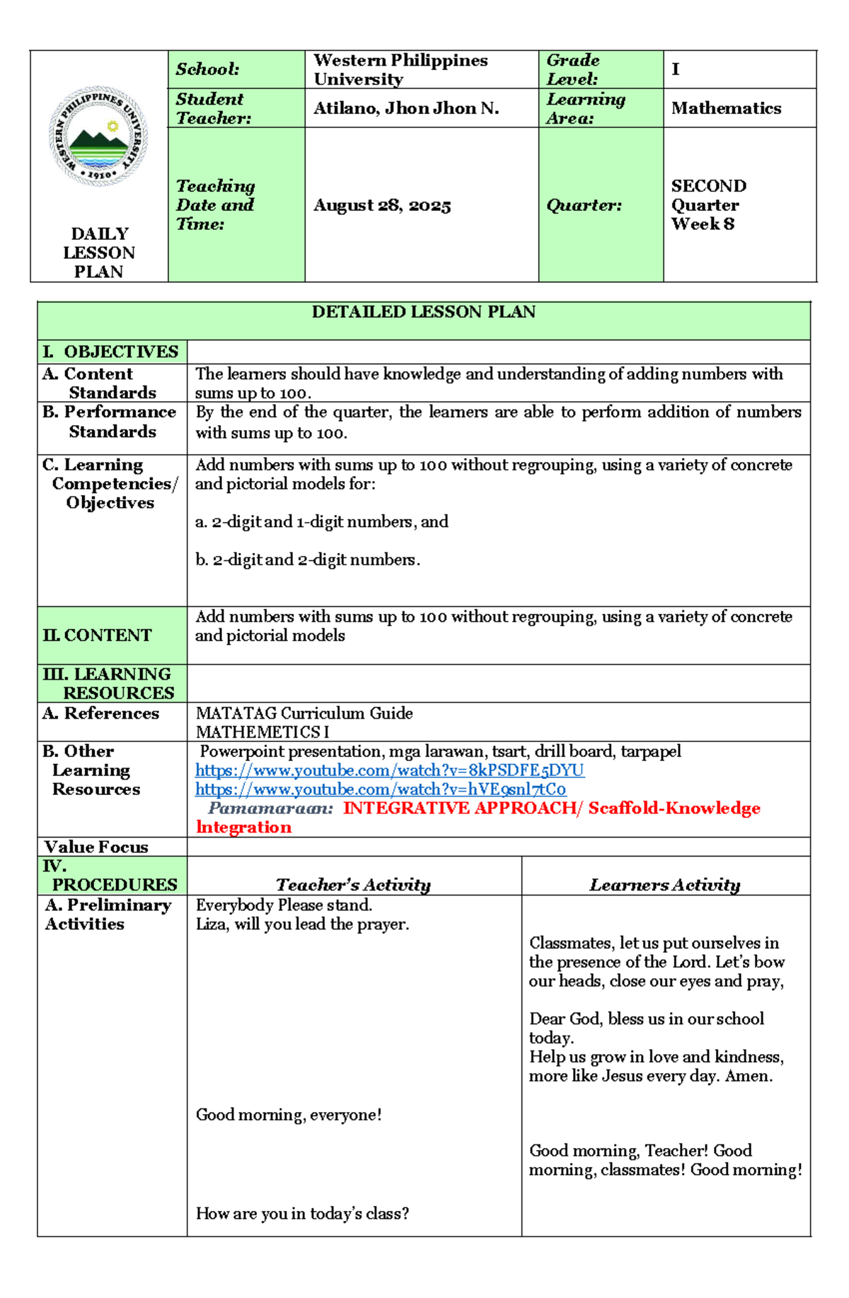 DLP - Grade 1 Mathematics Lesson Plan: Adding Numbers Up to 100 - Studocu