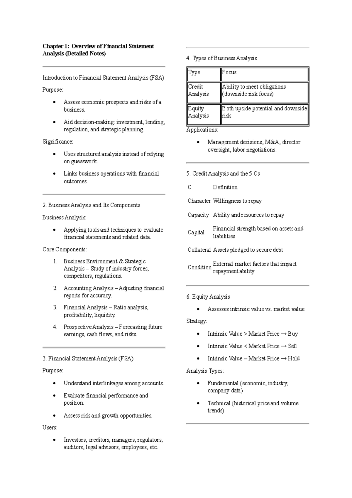 Notes on Financial Statement Analysis: Chapters 1-4 (FIN658) - Studocu