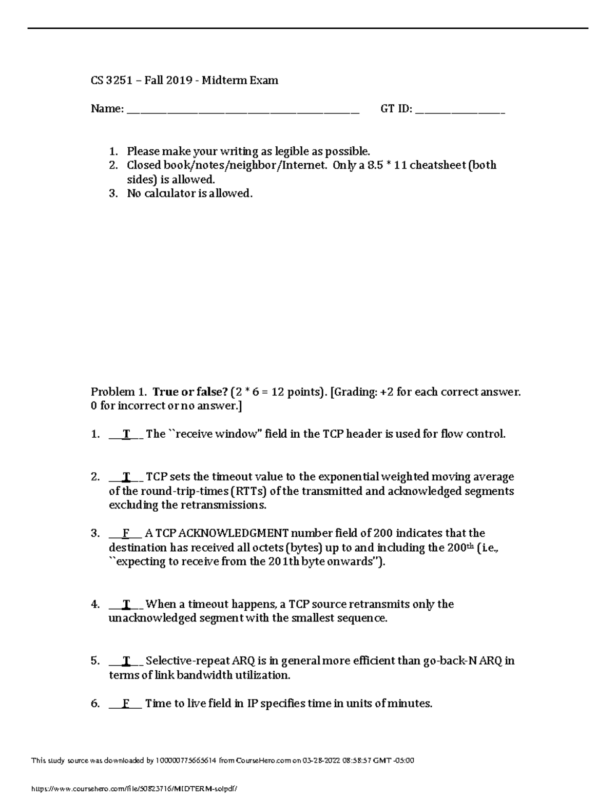 Midterm solution I CS3251 - CS 3251 – Fall 2019 - Midterm Exam Name ...