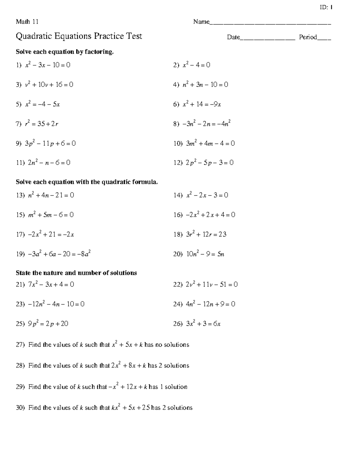 Math 11 Quadratic Equations Practice Test & Solutions - Studocu