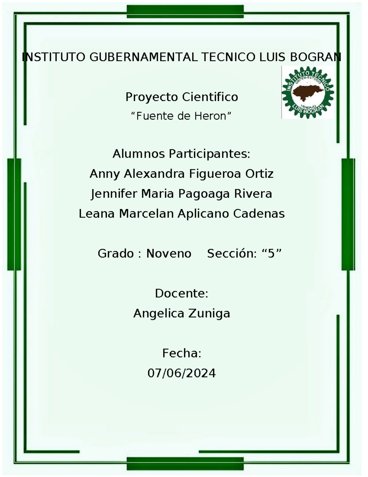 Informe Científico: Proyecto sobre la Fuente de Herón en Grado 9 - Document Preview