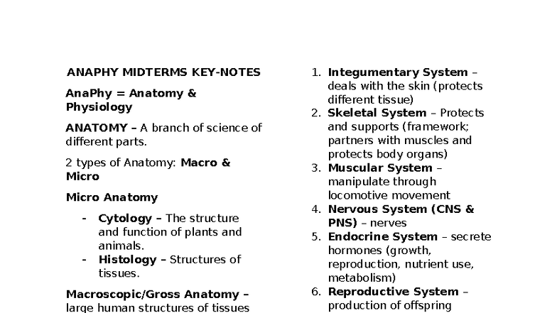 ANAPHY MIDTERMS Keynotes on Anatomy & Physiology - Studocu
