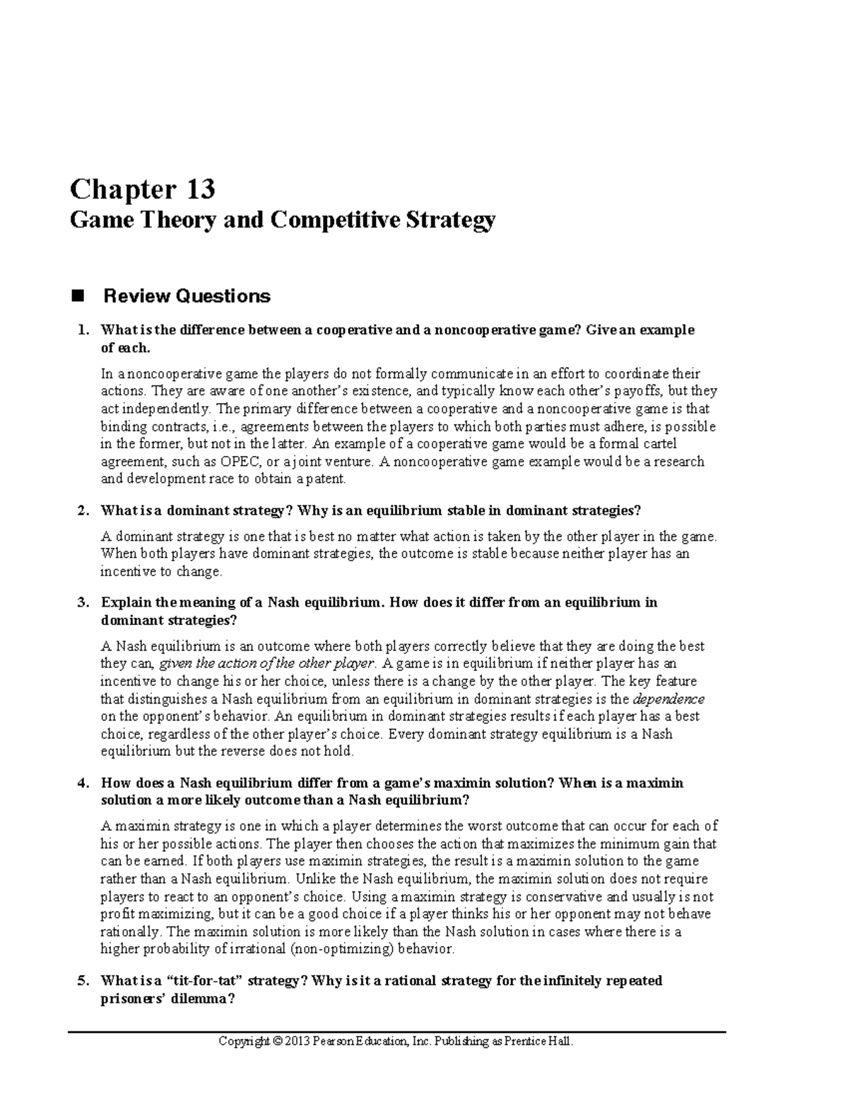 Ch13 - Game Theory & Competitive Strategy Review Questions - Studocu