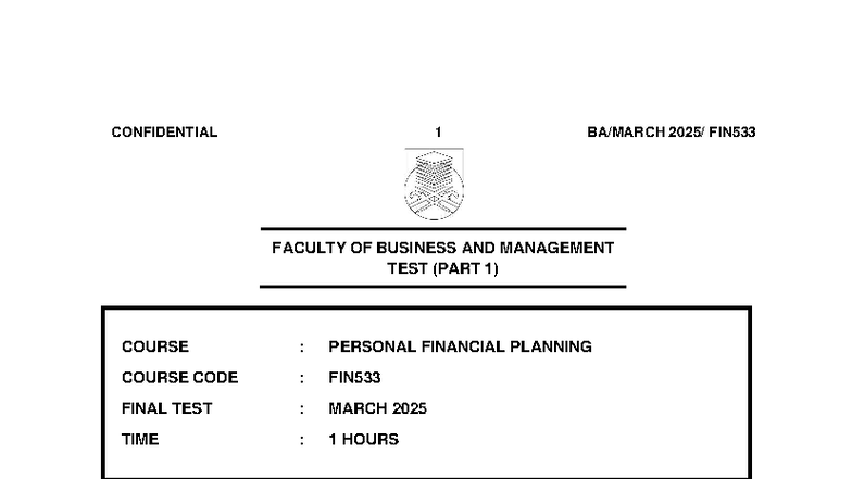 FIN533 Personal Financial Planning Final Test Part 1 - March 2025 - Studocu