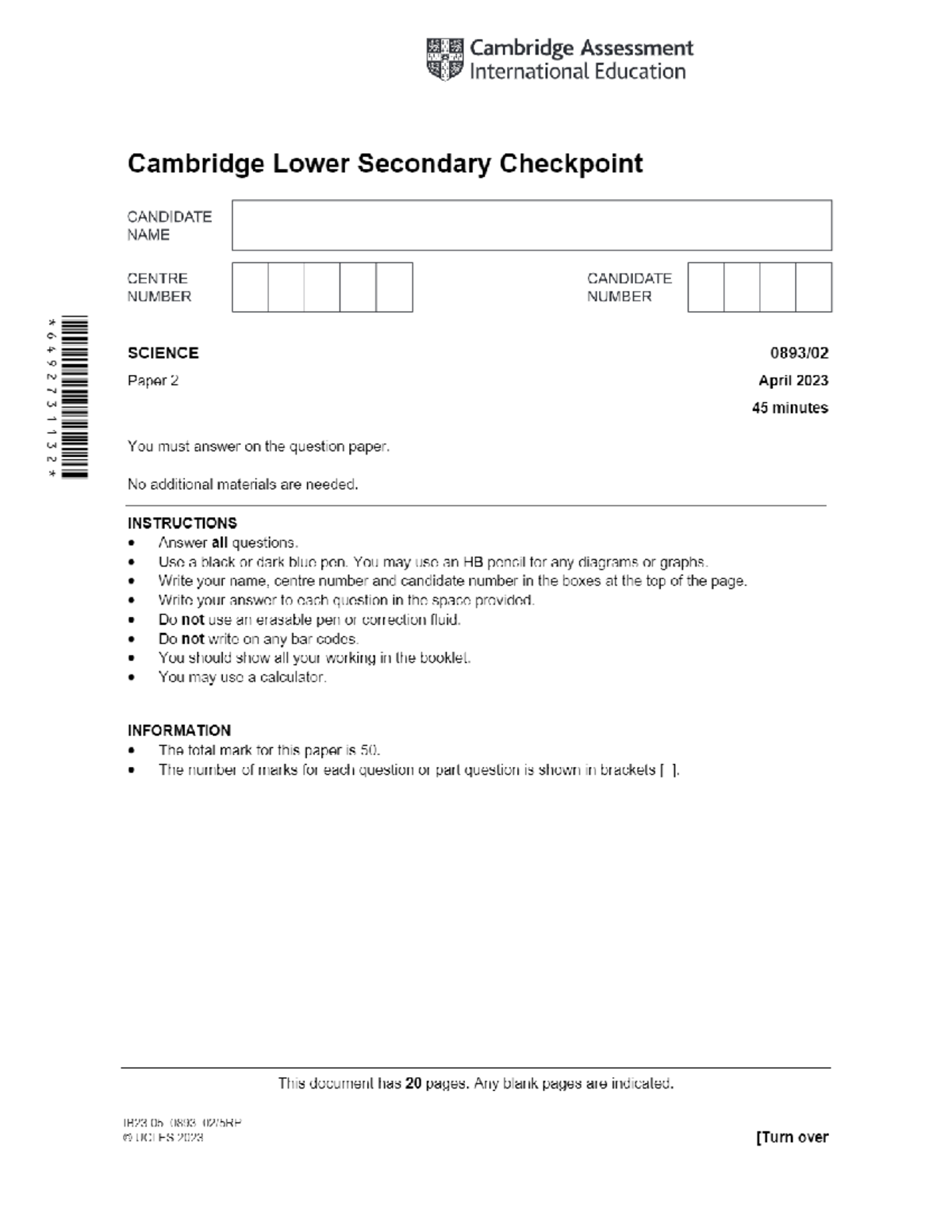 Cambridge Lower Secondary Checkpoint Science Paper 2 Past Paper - April ...