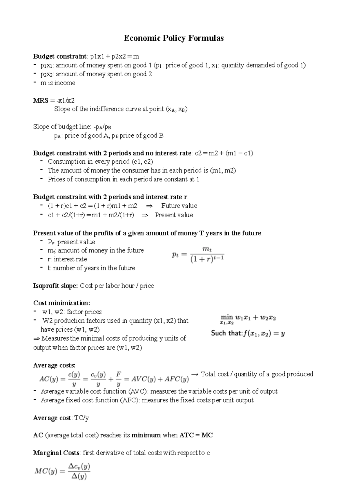 ECON 101: Key Economic Policy Formulas and Concepts Explained - Studeersnel