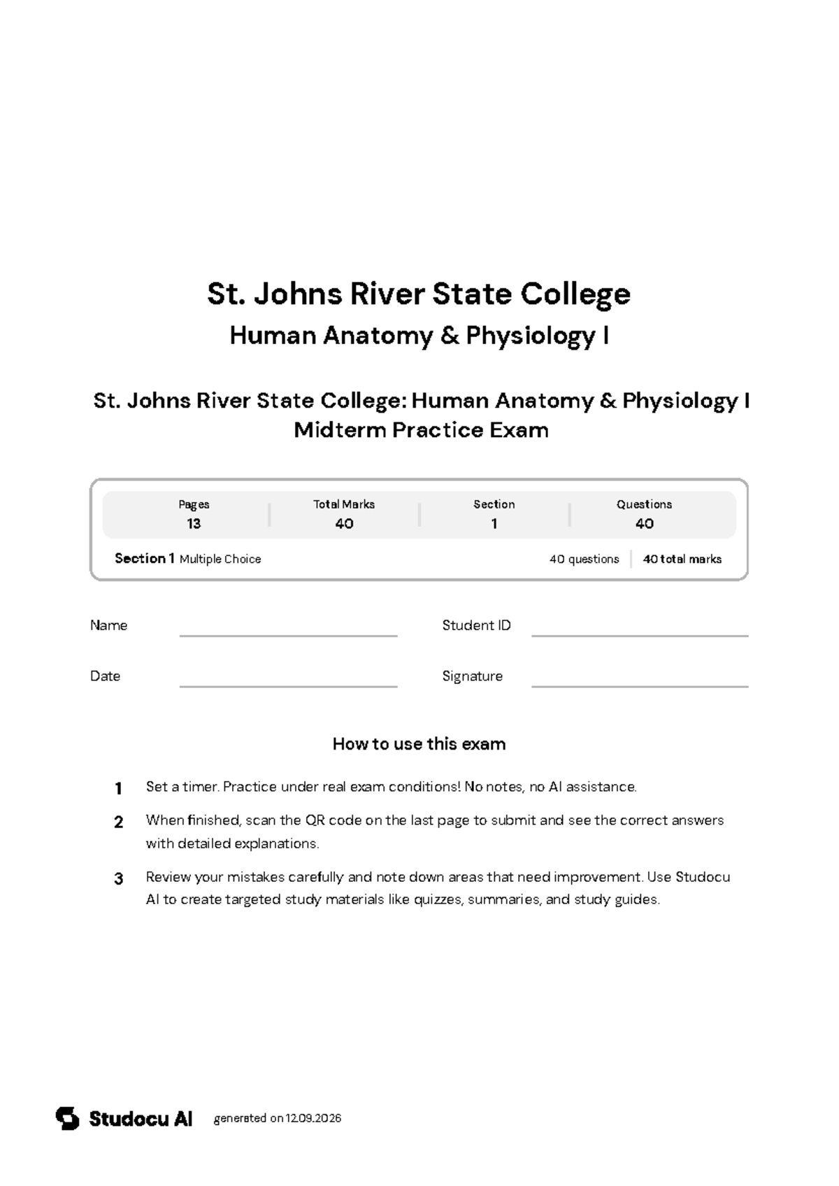 Human Anatomy & Physiology I Midterm Practice Exam - Studocu
