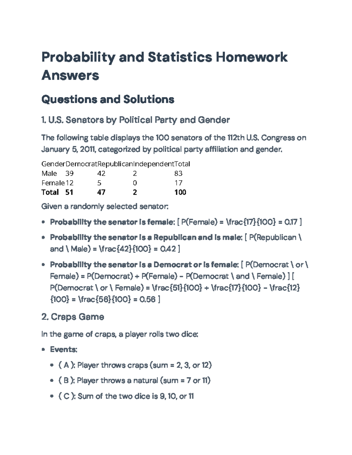 Probability and Statistics Homework Solutions (Final Exam ...