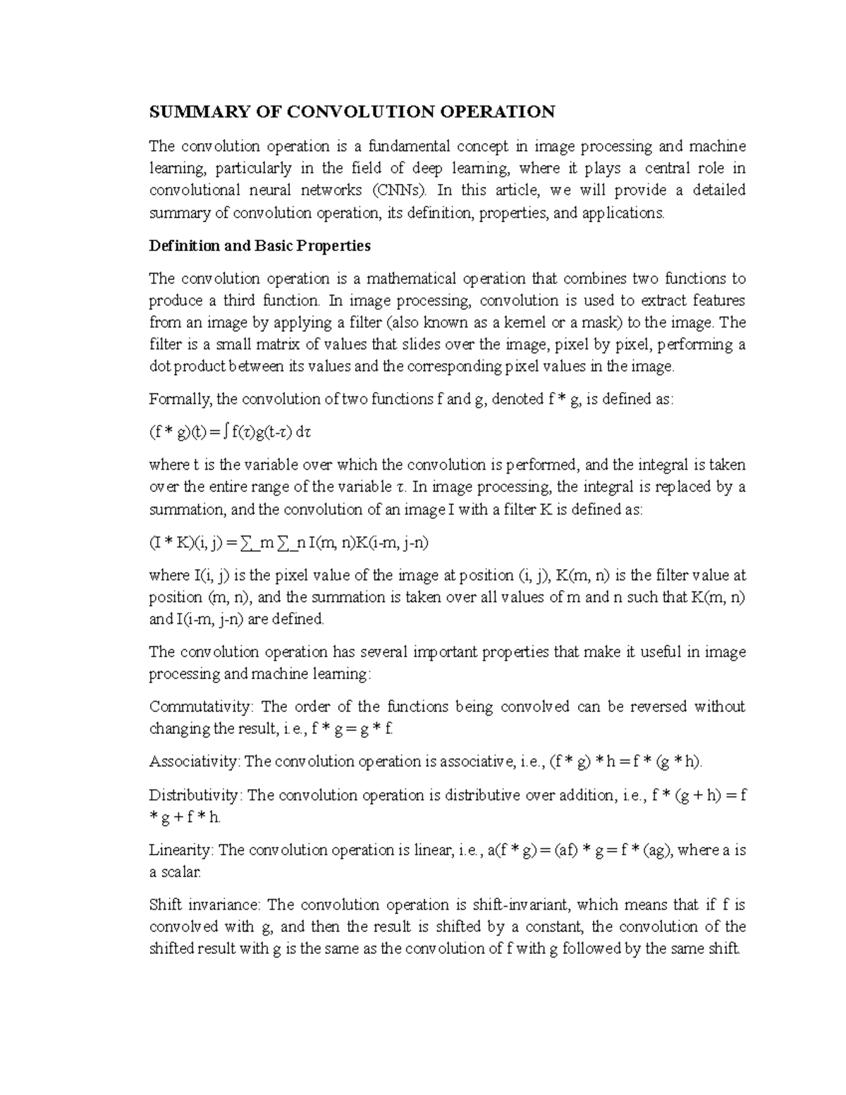 Summary of Convolution Operation in Image Processing and ML - Studocu