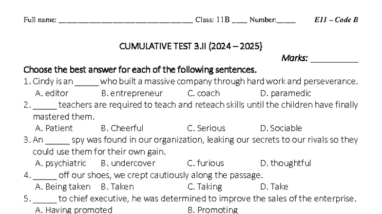CUMULATIVE TEST 3.II (E11 TX3.II 2024-2025) - Code B Questions - Studocu