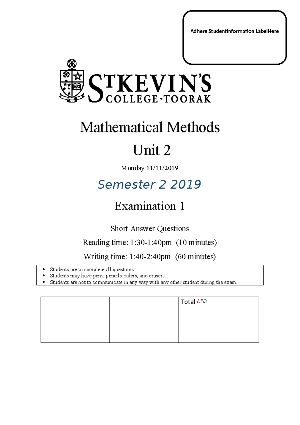 2019 Semester 2 MATH Unit 2 Exam 1 Short Answer Questions - Studocu