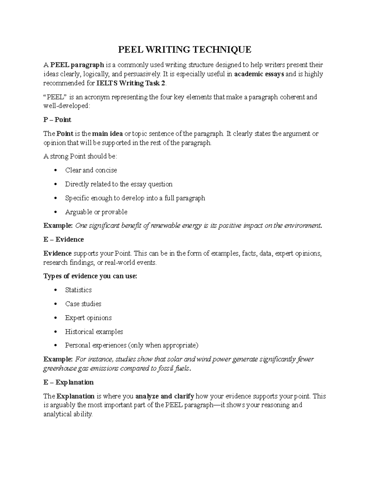 PEEL Writing Technique for IELTS Task 2: A Guide - Studocu