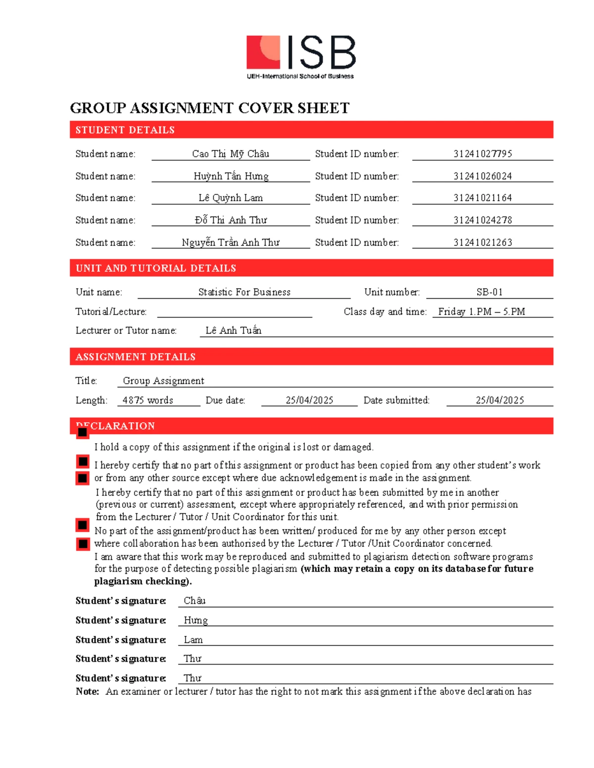 Group Assignment 1 Cover Sheet - Statistics for Business (SB10) - Studocu
