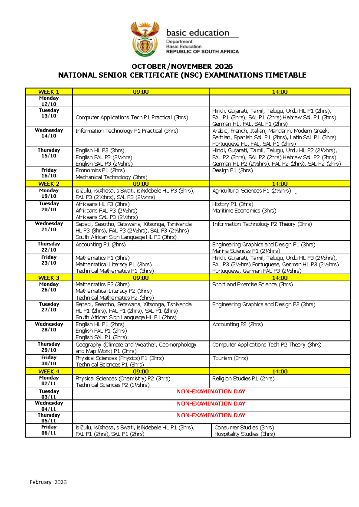 2026 NSC Final Exam Timetable: Weeks 1-4 Overview - Studocu
