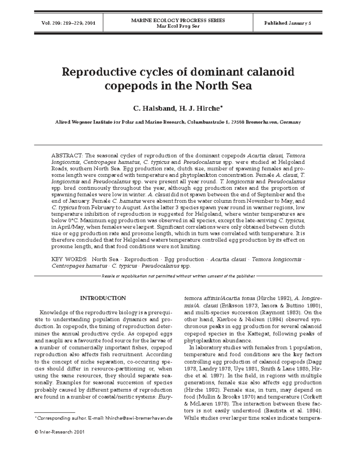 Reproductive Cycles of Dominant Calanoid Copepods in the North Sea (MAR ...