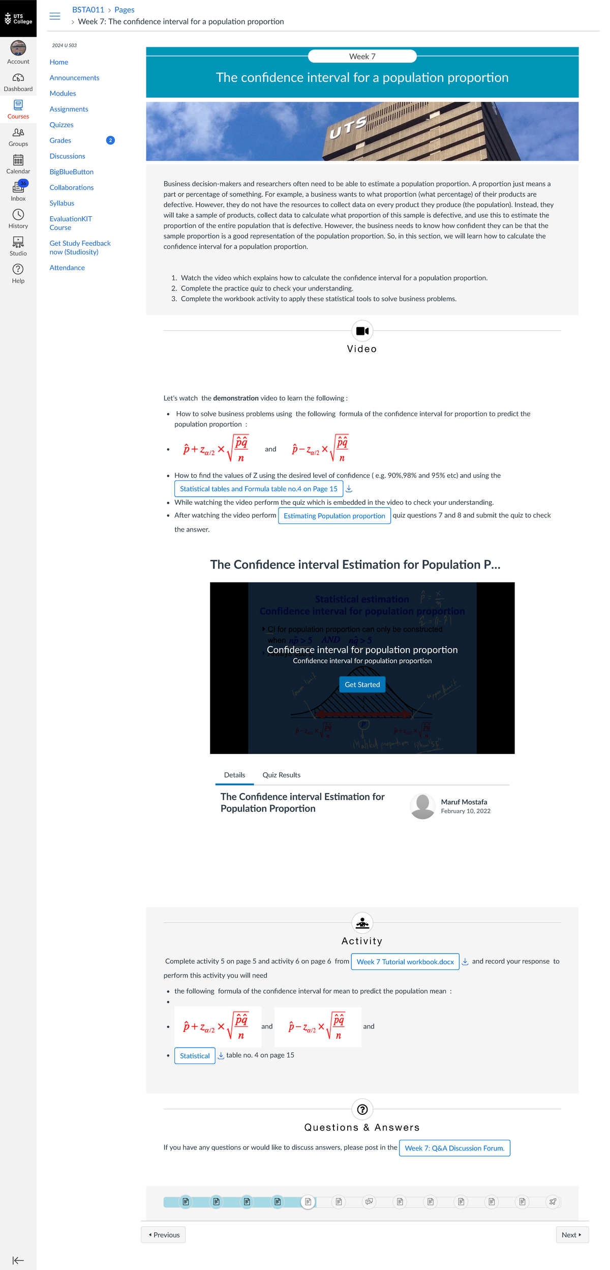 Week 7: Confidence Interval for Population Proportion (BSTA011) Study ...