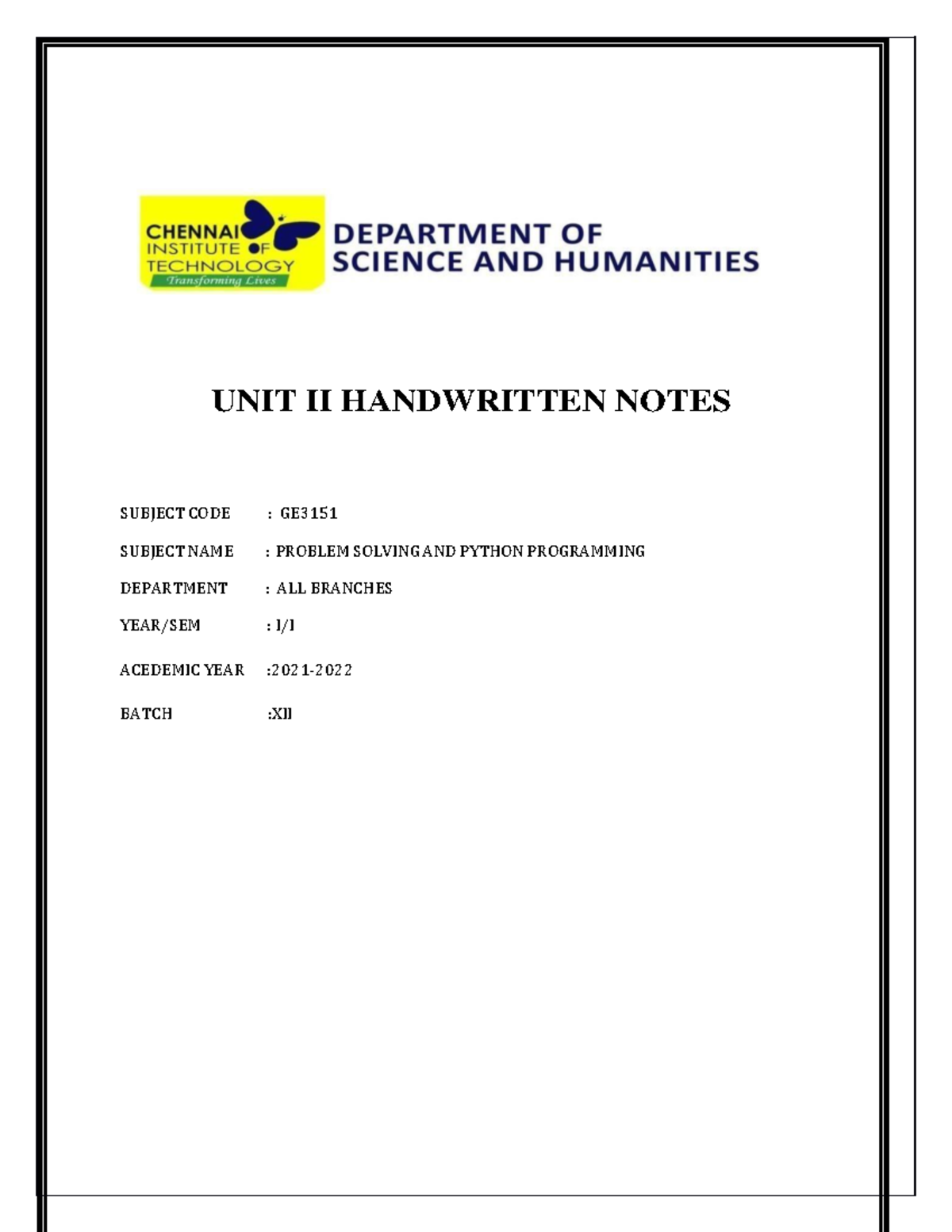 Unit II Notes - good - UNIT II HANDWRITTEN NOTES SUBJECT CODE : GE ...